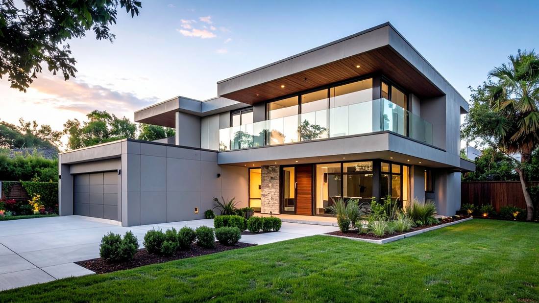 Modern two-story home at dusk