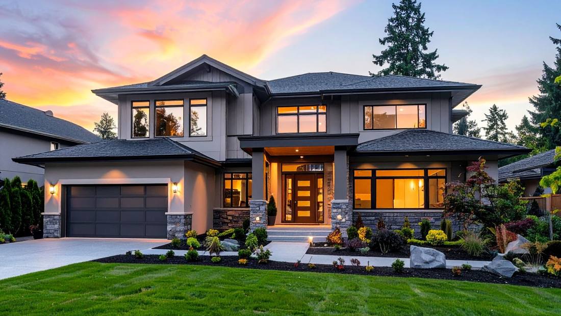 Craftsman-style home at sunset
