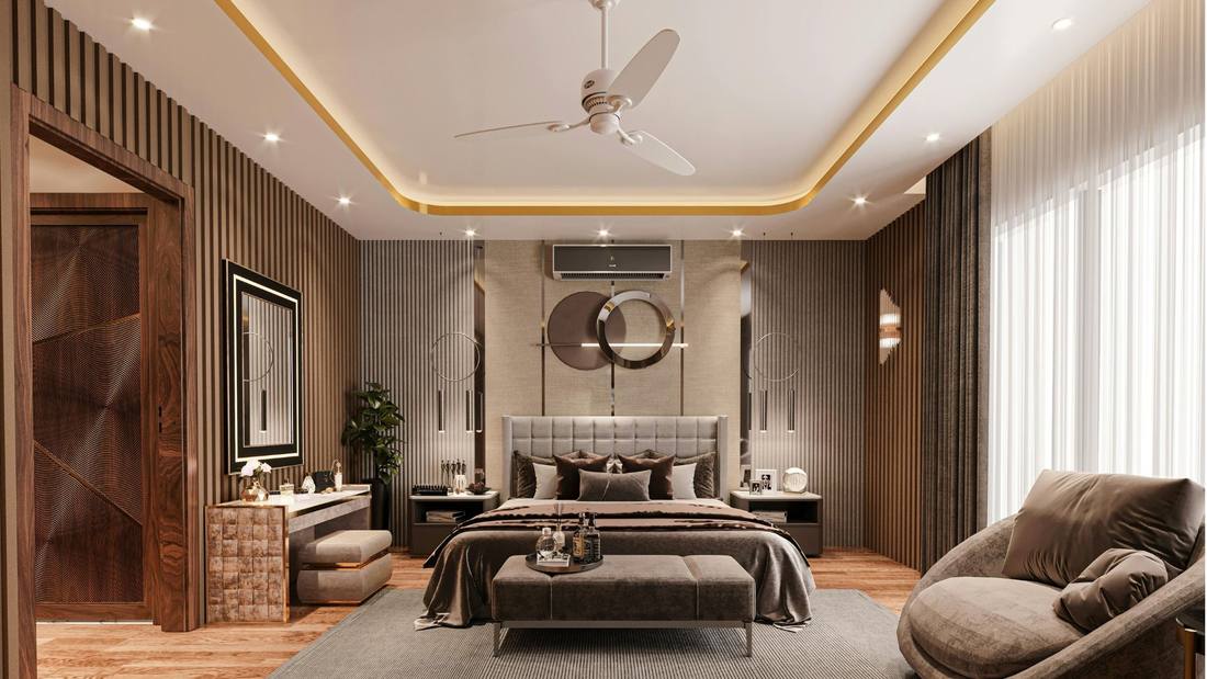 Modern bedroom with warm wood-slat walls and layered lighting