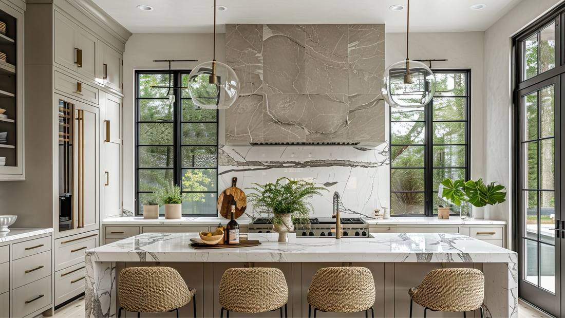 Bright kitchen with a marble island and pendant lighting